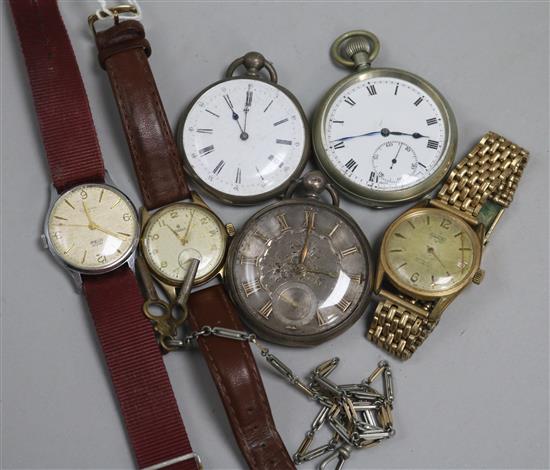 A gentlemans 9ct gold wrist watch, two other wrist watches and three pocket watches including two silver.